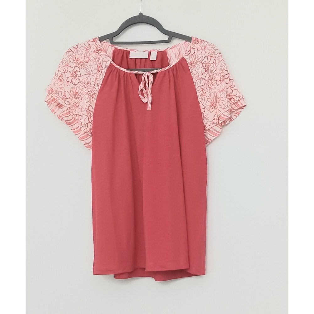 Susan Graver Top Women's Size XS Pure Cotton Slub Knit Red Short Sleeve Ties New
